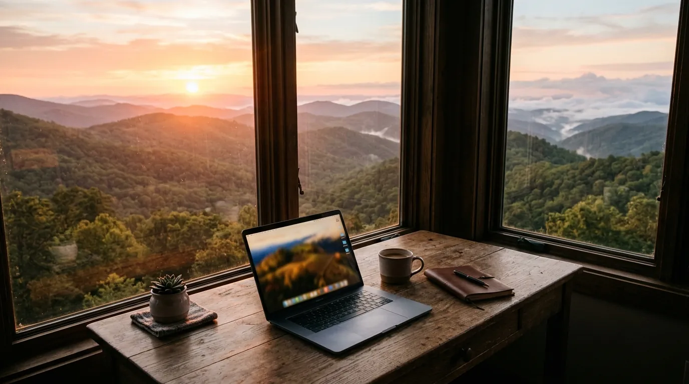 A lit laptop on a wooden desk beside a window, overlooking a vast mountain range bathed in the soft glow of sunrise