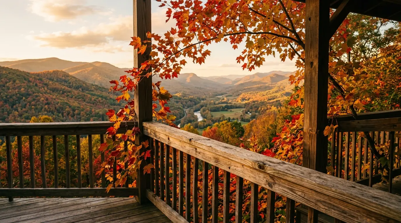 A sun-drenched wooden porch railing framed by vibrant red and gold autumn leaves, overlooking a serene valley bathed in warm October light