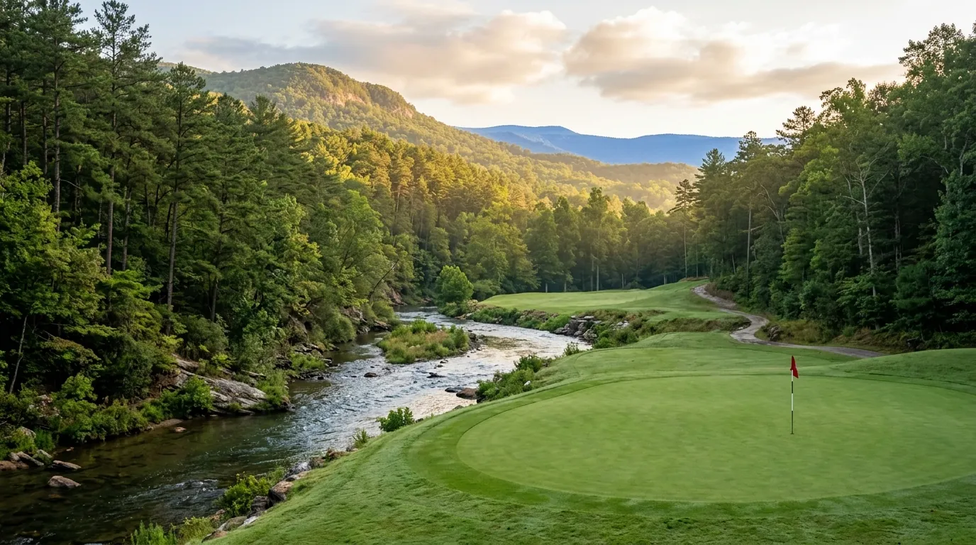 Early morning light filtering through mountain pines onto a pristine green, where a winding river curves gently past a solitary flagstick