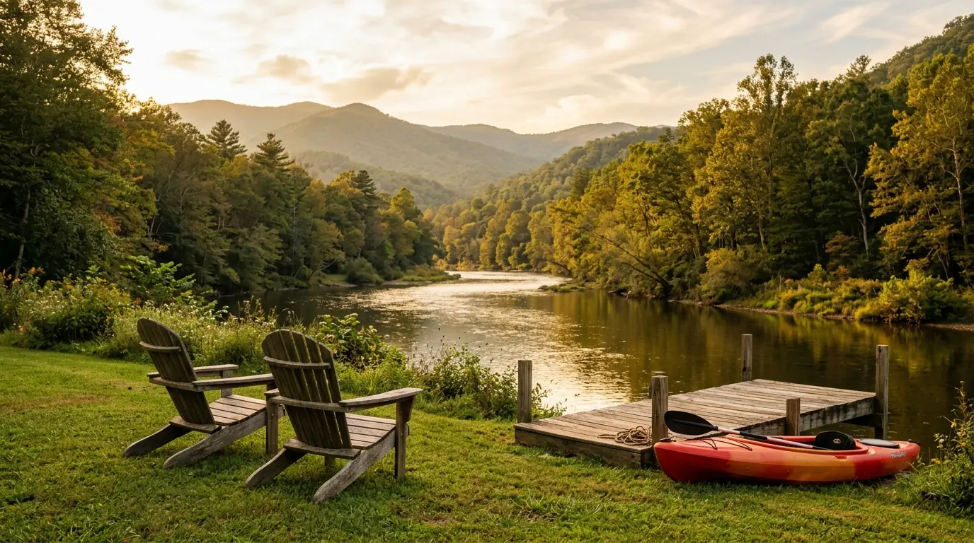 Two wooden chairs sit on a green lawn overlooking a gentle, tree-lined river, with a kayak resting beside a small wooden dock
