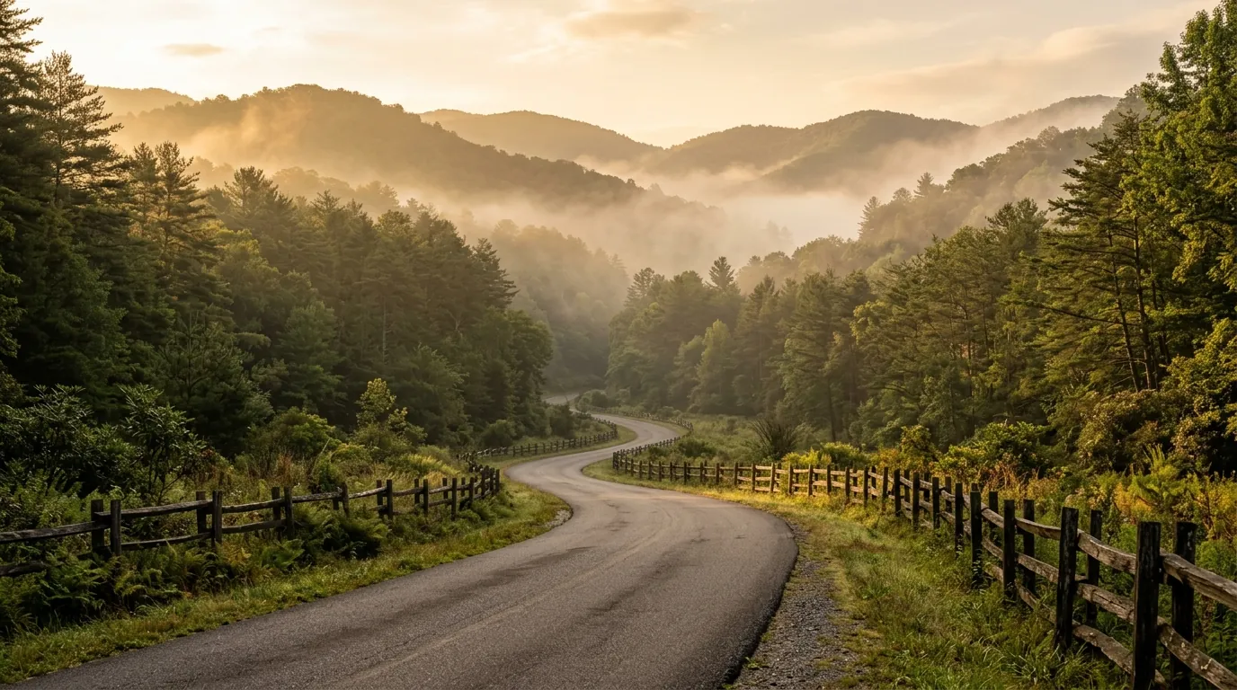 Morning mist rises over dense pine forest hills along a quiet, winding asphalt road flanked by rustic wooden fences