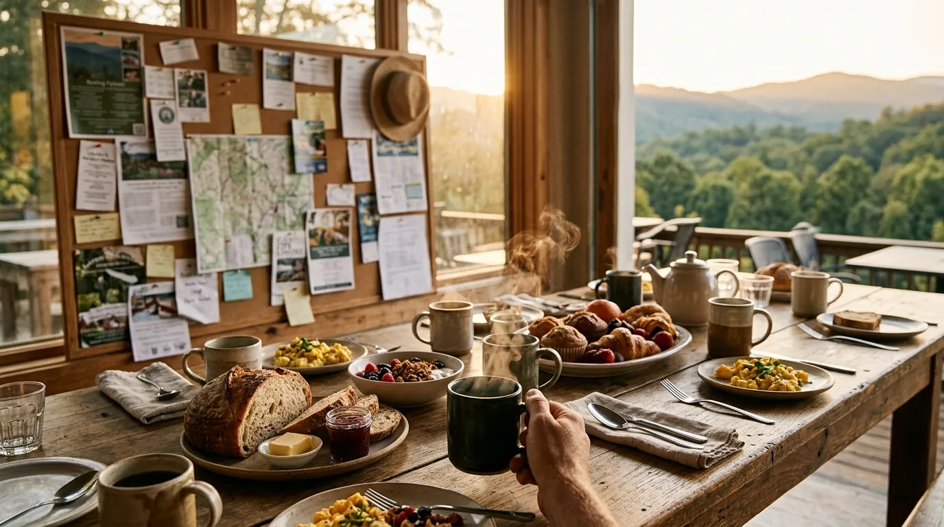 Steaming coffee mugs and shared platters crowd a long, sunlit wooden communal table beside a bulletin board pinned with local flyers