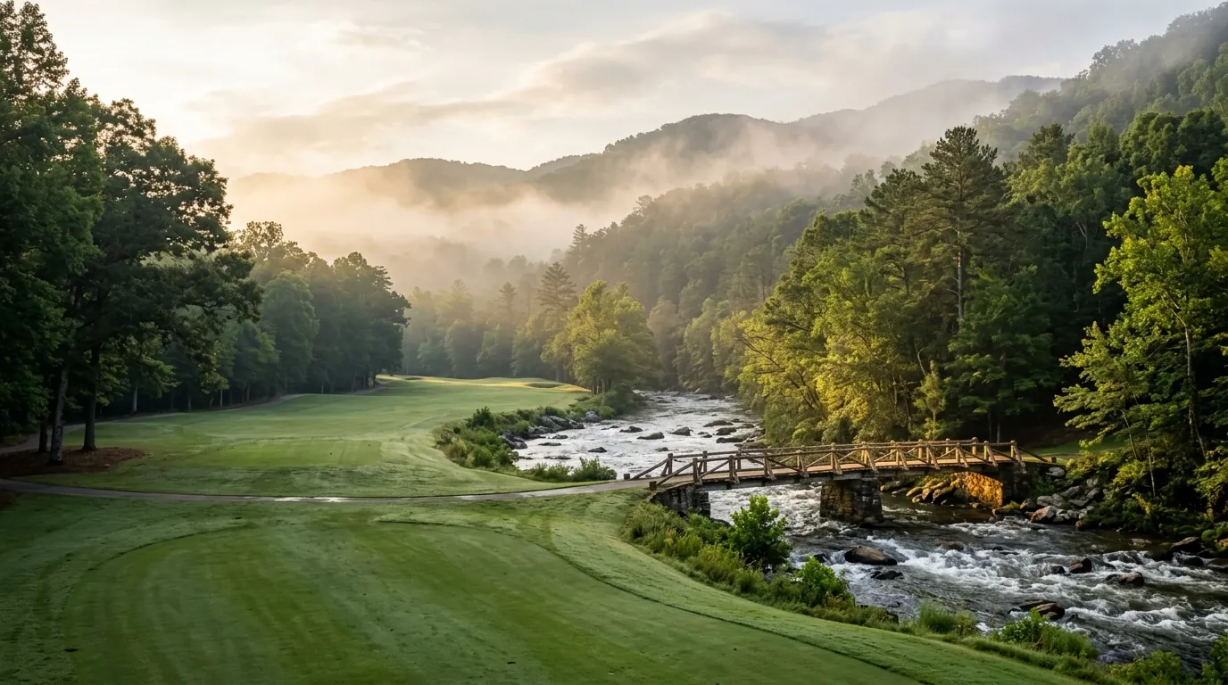 A pristine green fairway bends along a rushing river, featuring a rustic wooden bridge illuminated by soft morning light breaking through mist