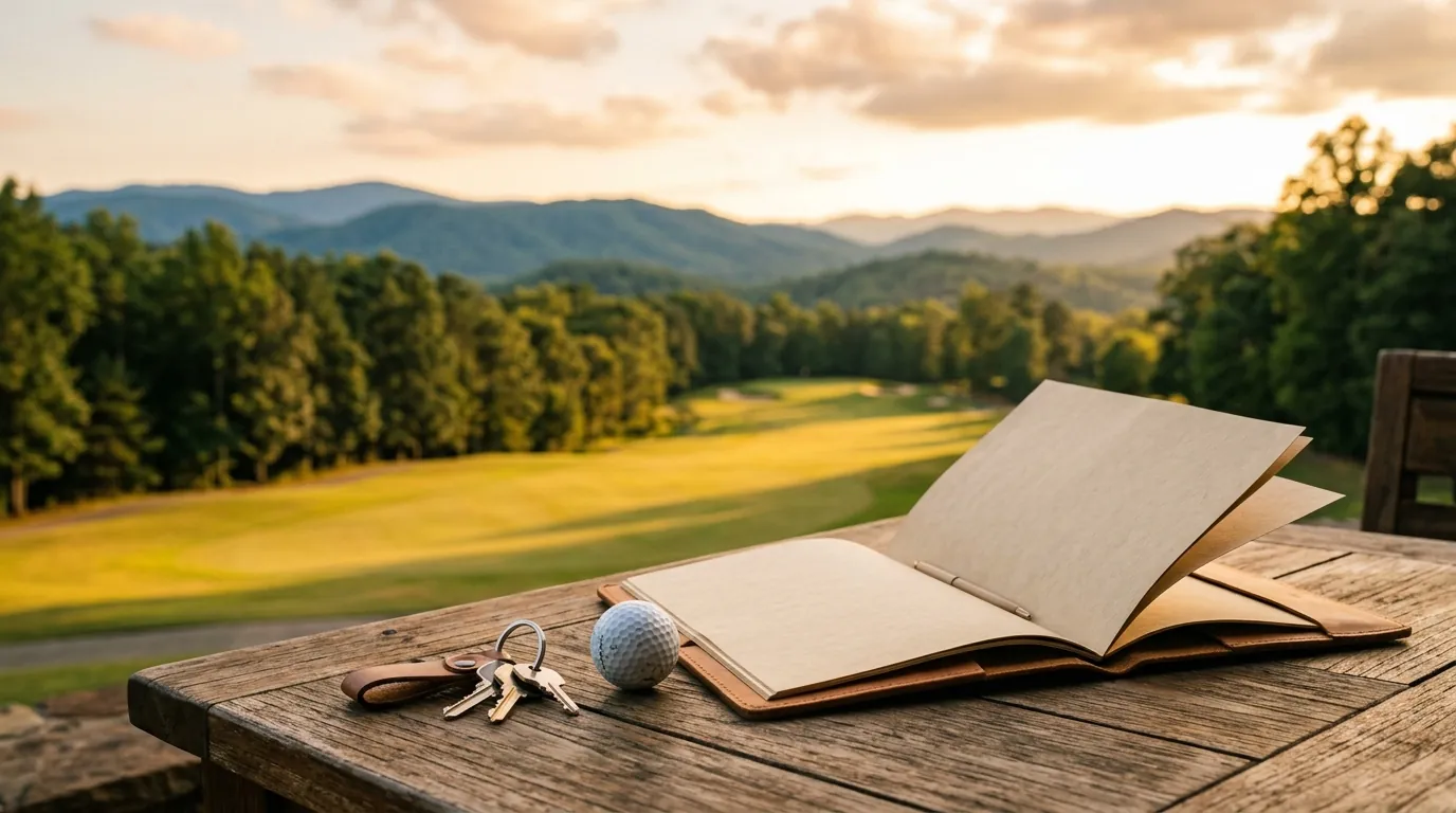 House keys and a golf ball rest beside an open folder on a patio table overlooking a pristine, sunlit golf course fairway