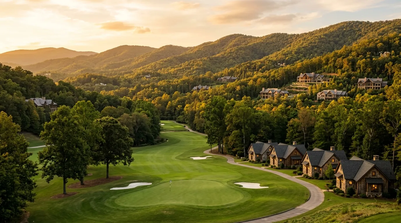 A sweeping landscape showing compact cottages bordering a pristine golf green, with expansive, secluded custom homes scattered across distant wooded hillsides