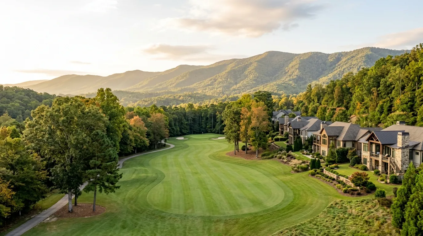 A manicured golf fairway winding past modern suburban homes toward forested hills under a bright, calm morning sky