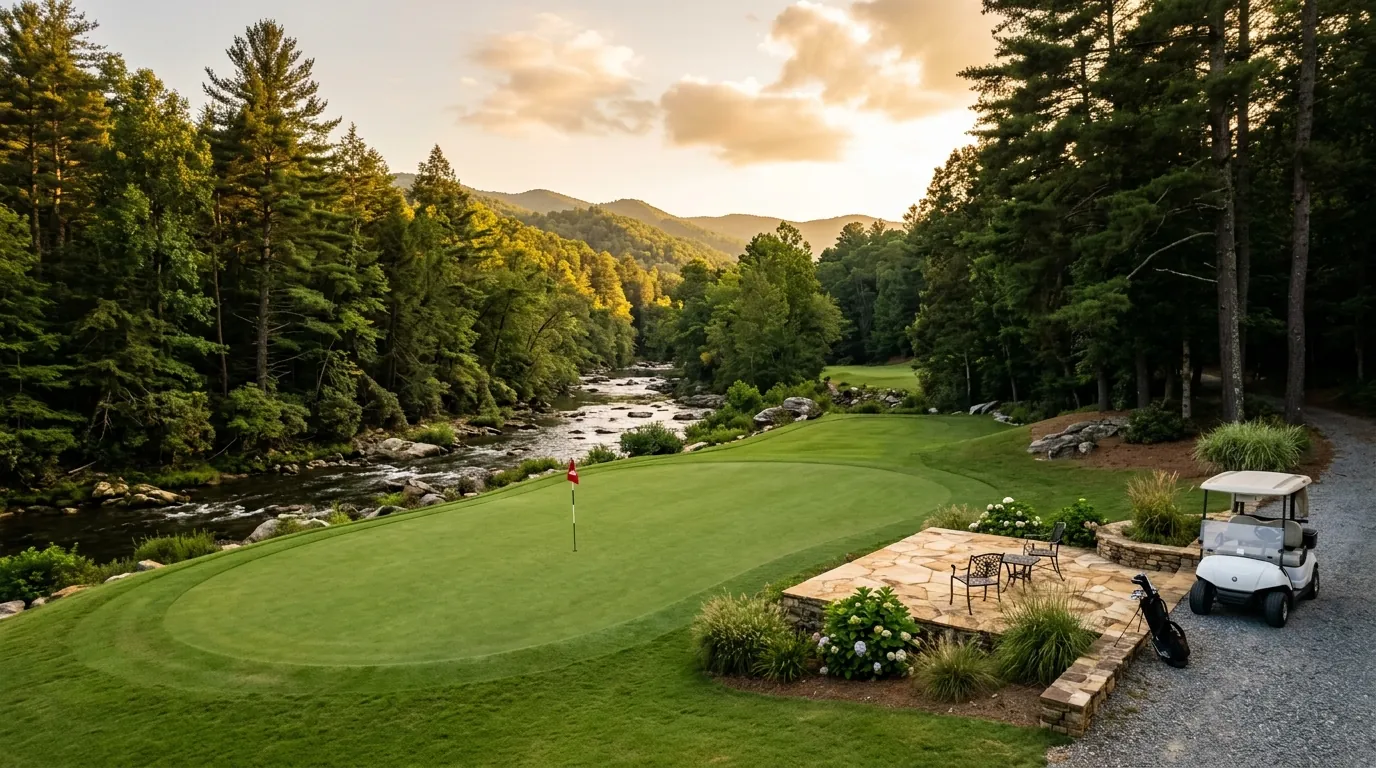 A pristine golf green beside a flowing river, framed by pine trees, featuring a flagstick, parked golf cart, and sunlit stone patio