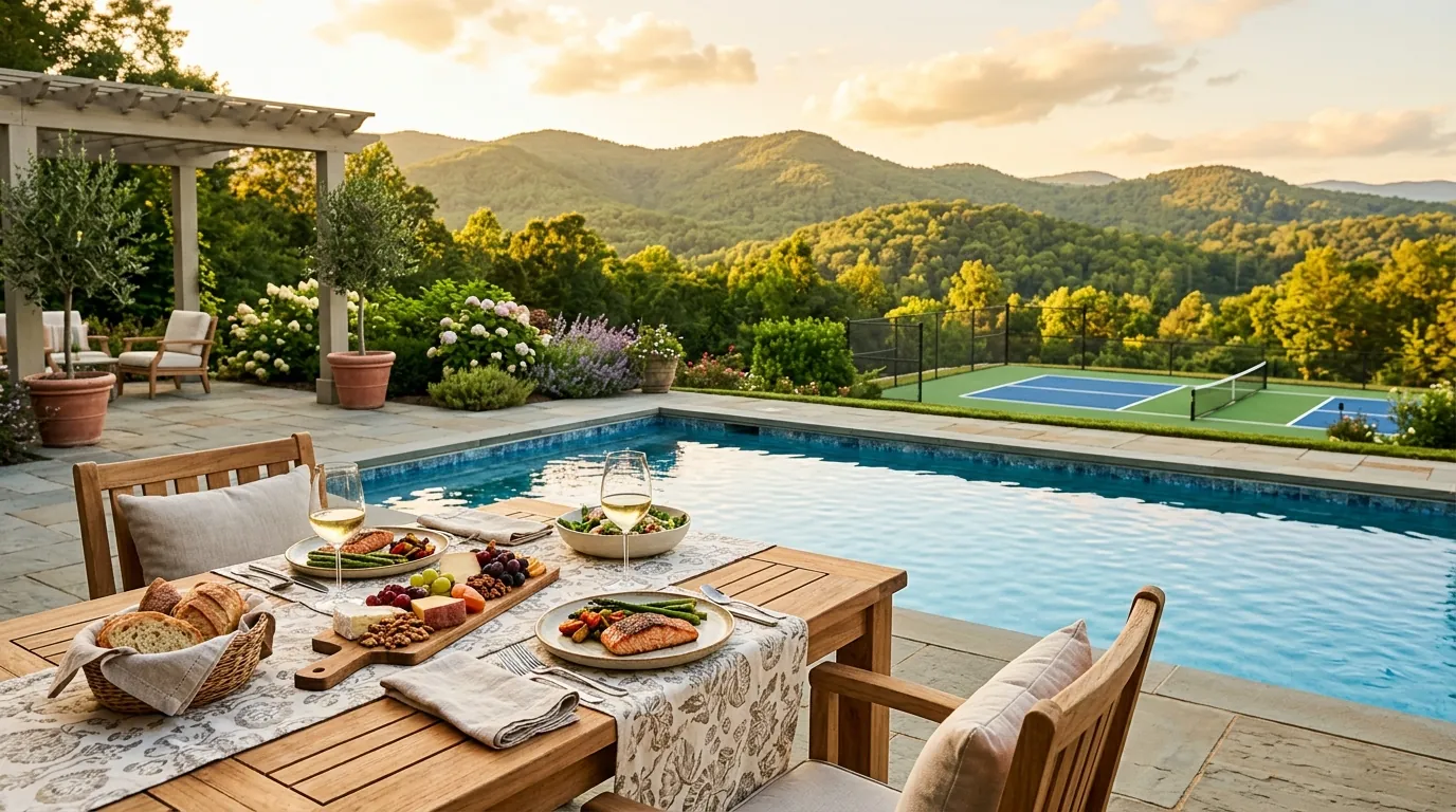 A sunlit patio dining table set with gourmet food, positioned beside a sparkling blue swimming pool and a vibrant pickleball court in the distance