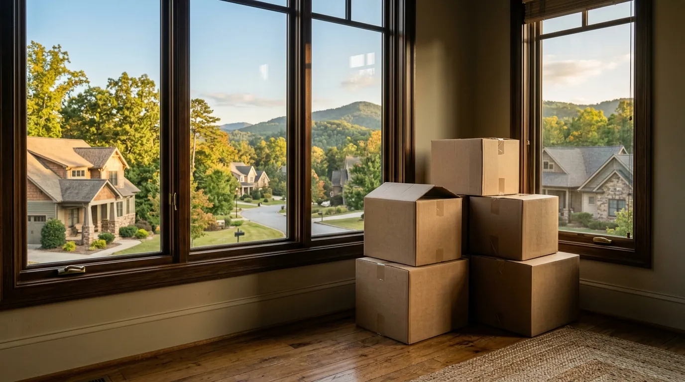 Cardboard moving boxes sit beside a sunlit window overlooking a serene, tree-lined neighborhood of craftsman-style homes under a clear blue sky