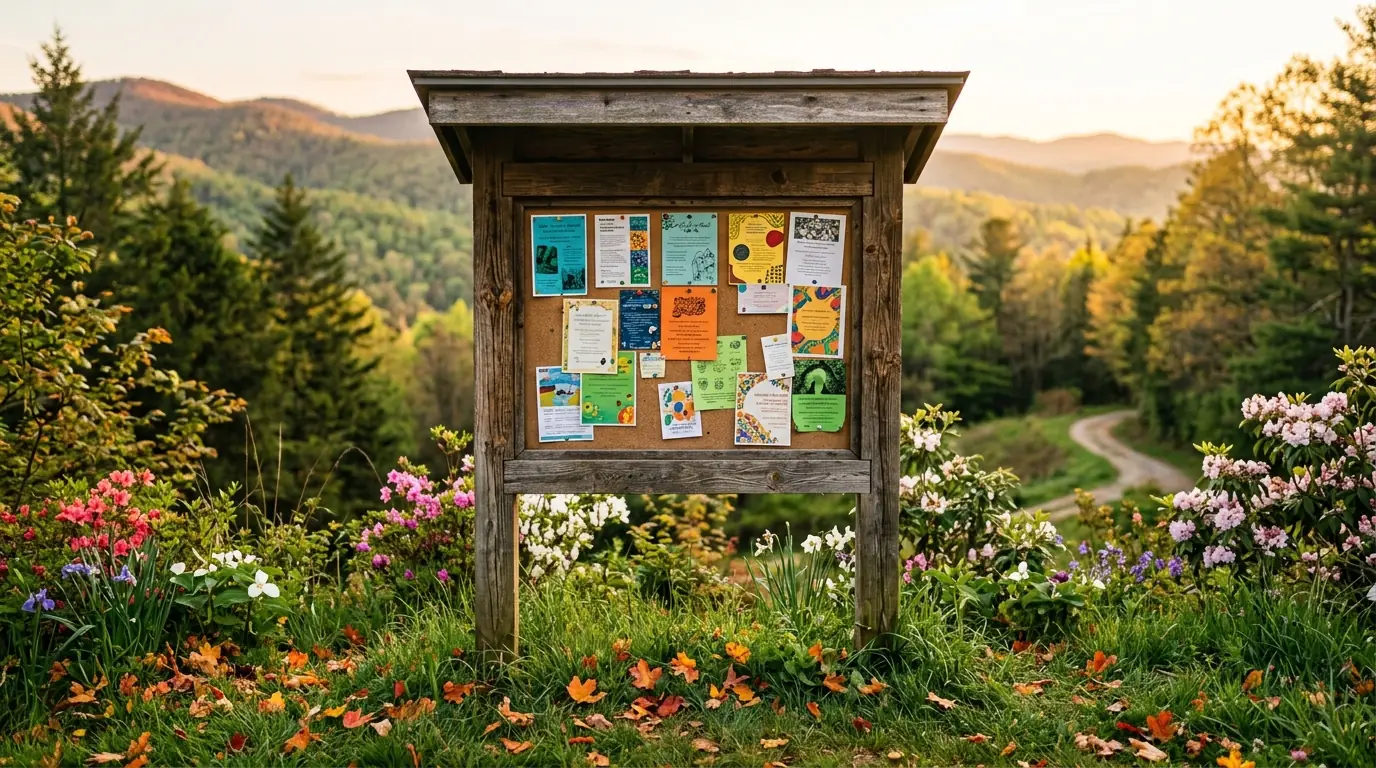 A wooden outdoor bulletin board pinned with colorful activity flyers, framed by green grass, scattered autumn leaves, and vibrant spring blossoms