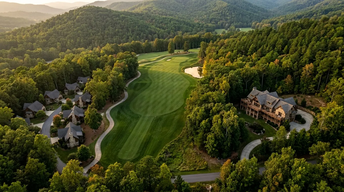 An aerial view of a manicured golf fairway bordered by cozy compact cottages and a sprawling luxury home on a large wooded lot