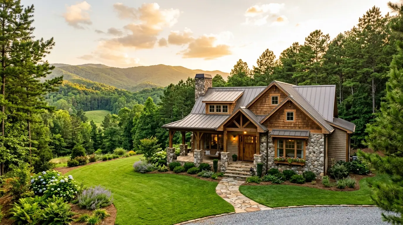 A sunlit craftsman-style house with stone accents, featuring a manicured lawn and framed by rolling green hills and tall pine trees