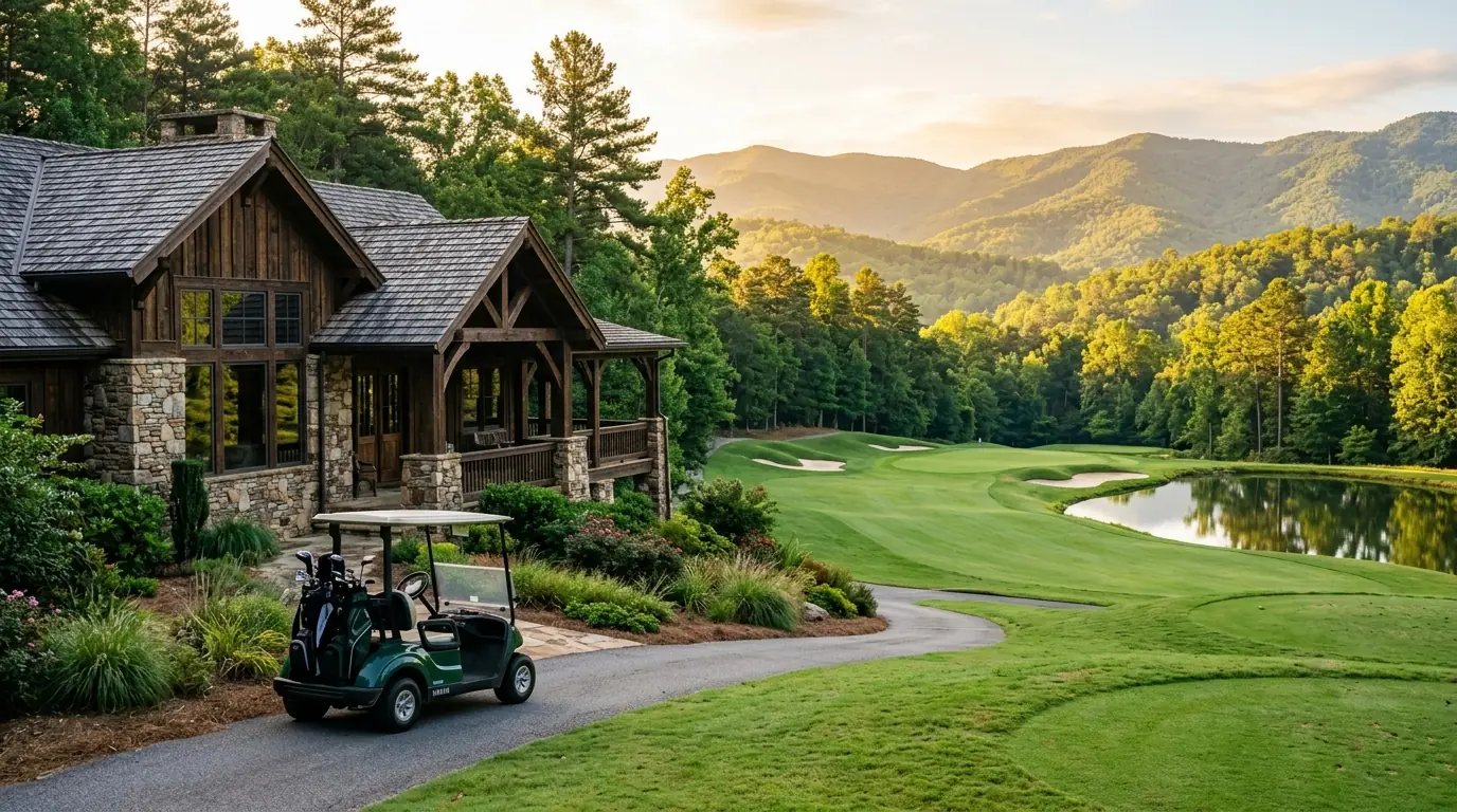 A golf cart sits beside a stone-and-timber home overlooking a green fairway, pond, and wooded foothills