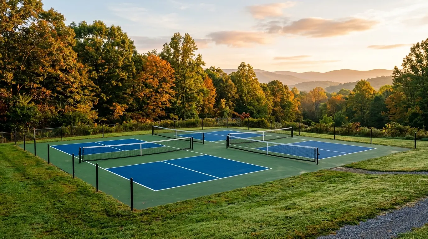 Two empty pickleball courts with green and blue surfacing beside a mown lawn and hardwood tree line in morning light