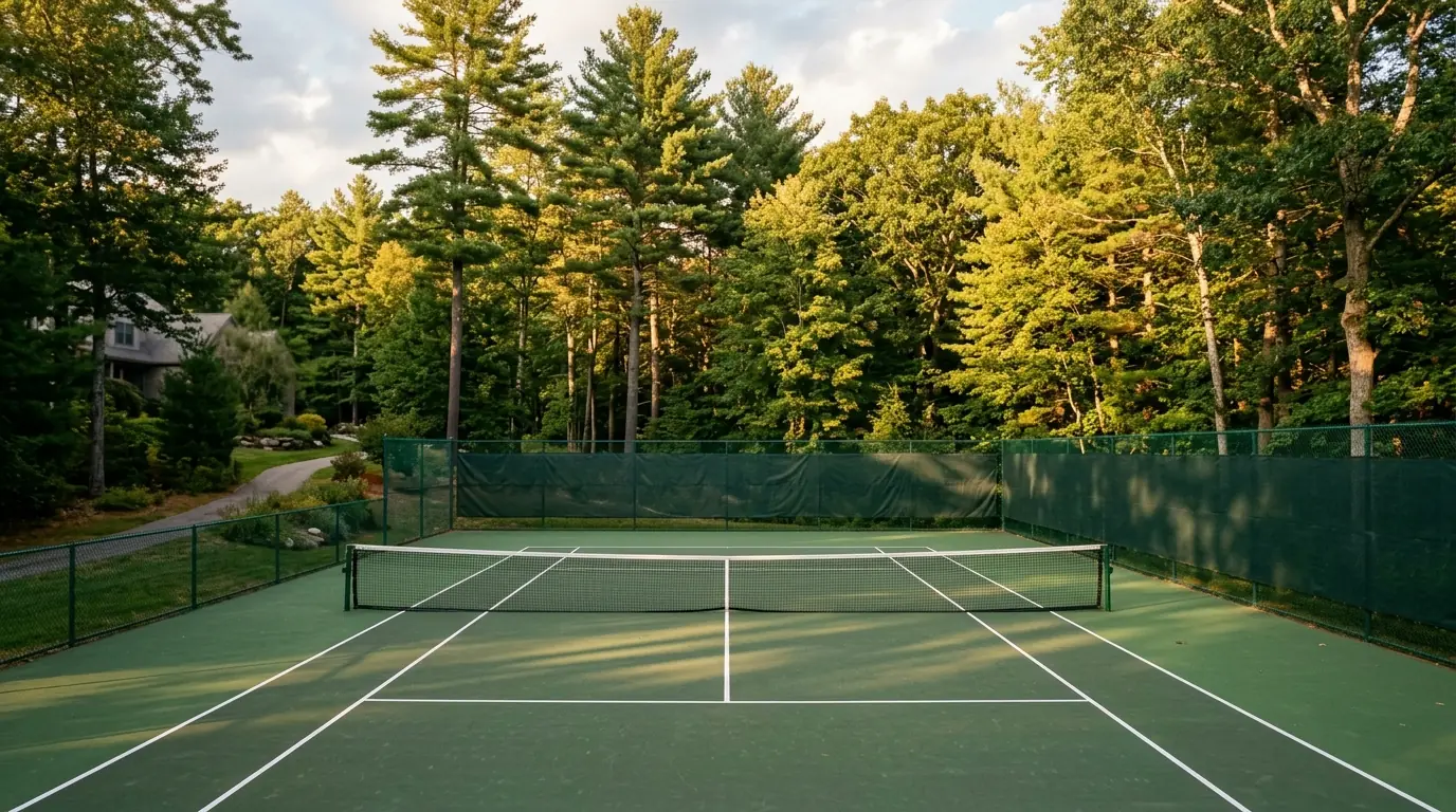 An empty green hard-surface tennis court enclosed by dark fencing and surrounded by tall pines and hardwoods