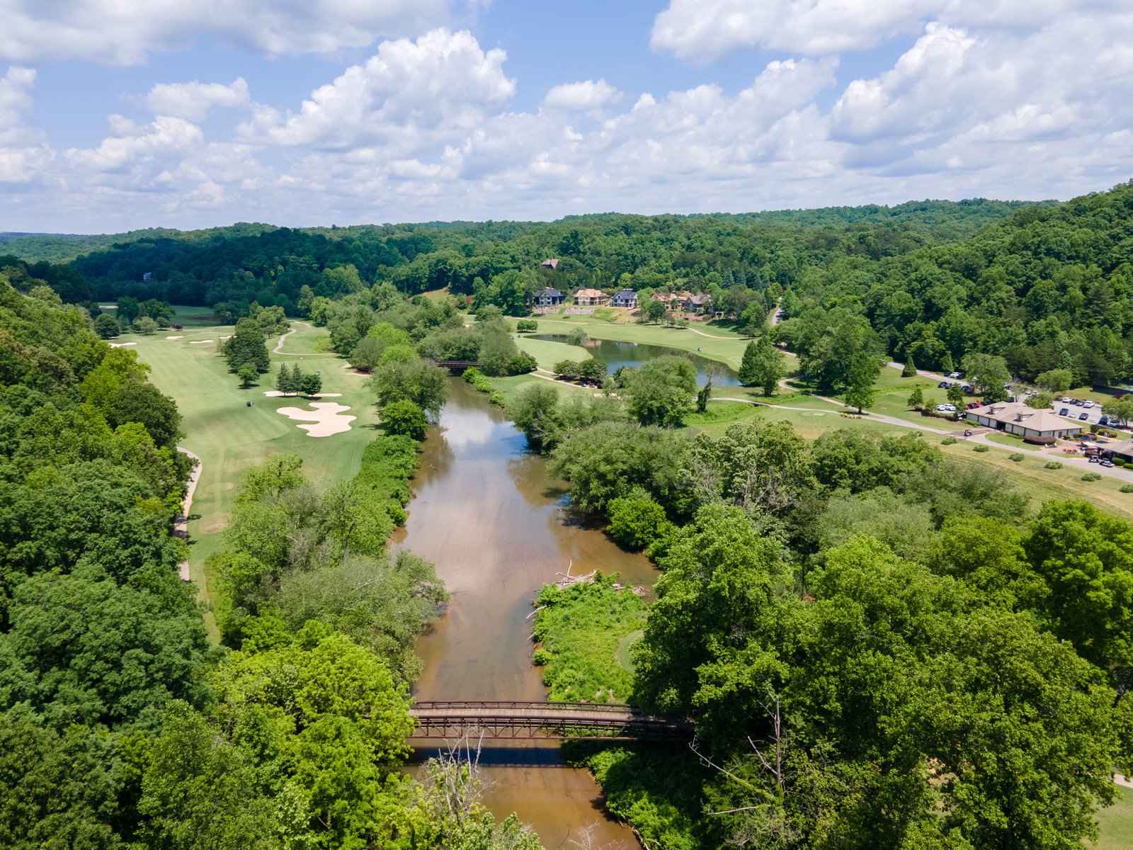 Aerial view of the Chestatee River winding through the Achasta Golf Community